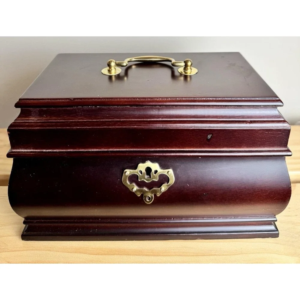 VTG Bombay Style Wooden Jewelry Box Brass Cherry‎ Tone Red Velvet Interior